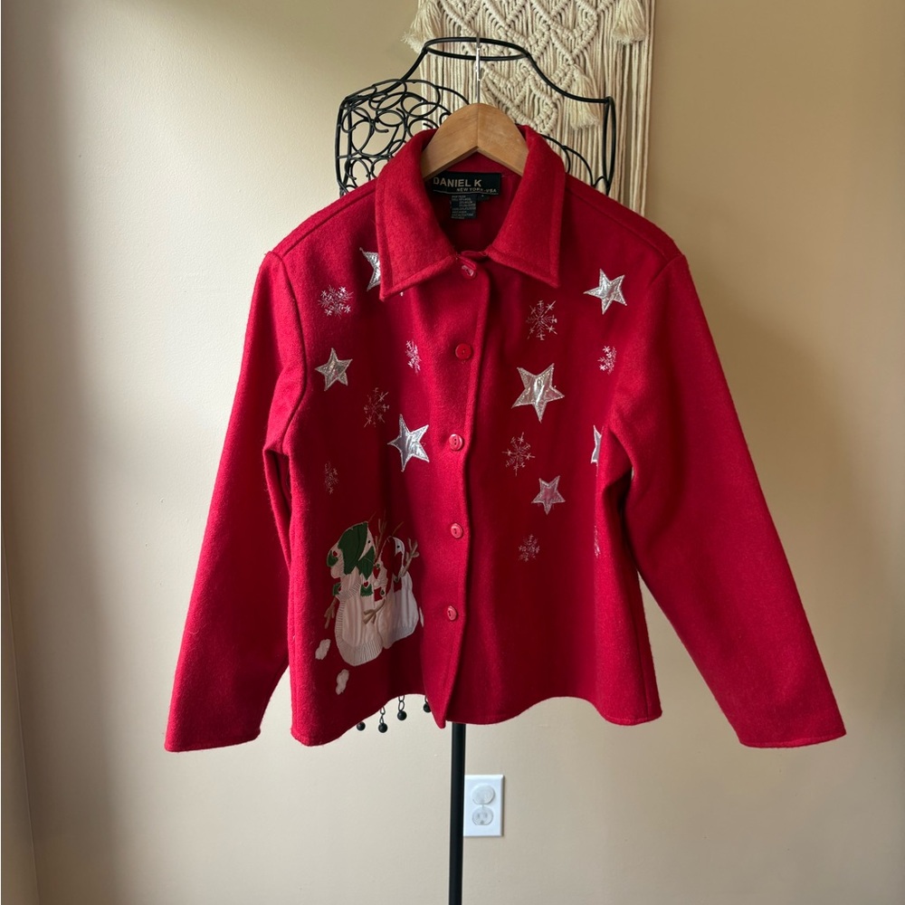 Vintage Red Wool Whimsical Christmas Jacket with Snowman and Stars